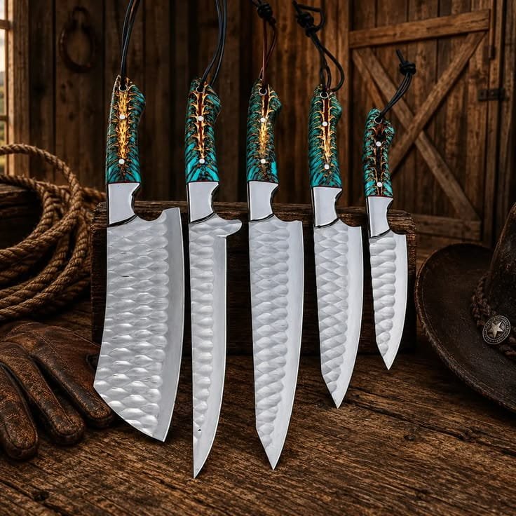 5-Piece Stainless Steel Full Tang Kitchen Knife Set with Premium Pinecone Handle