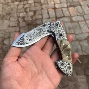 UScustomForge Handmade Engraved Folding Knife – Ram Horn Handle | Premium EDC Pocket Knife | 440C Stainless Steel